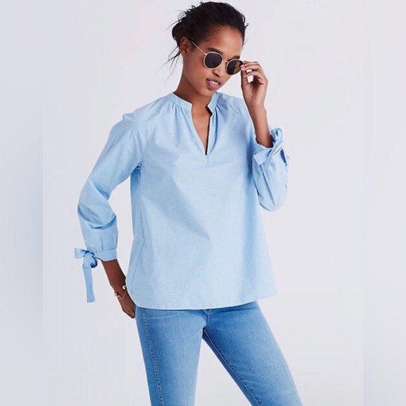 Madewell Tops - Madewell Striped Blue Tie-Sleeve Popover Top